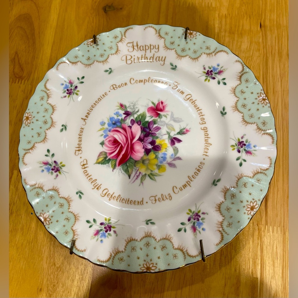 Royal Albert Pink and Green Floral Happy Birthday Dinnerware Plate